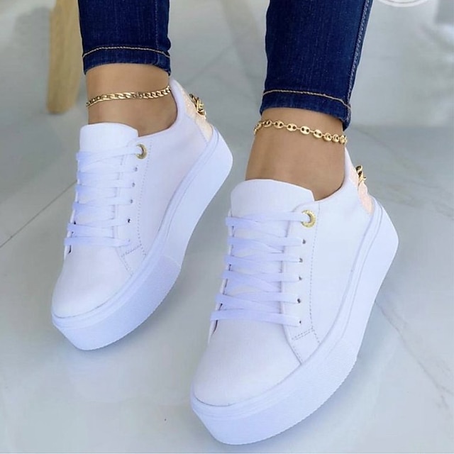  Women's Sneakers White Shoes Platform Sneakers Daily Solid Colored Platform Round Toe Sporty Casual Minimalism PU Leather PU Lace-up Black White Brown
