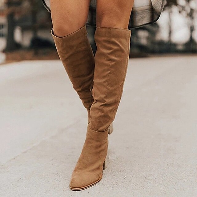 Women's Tan Suede Knee-High Boots with Pointed Toe and Block Heel ...