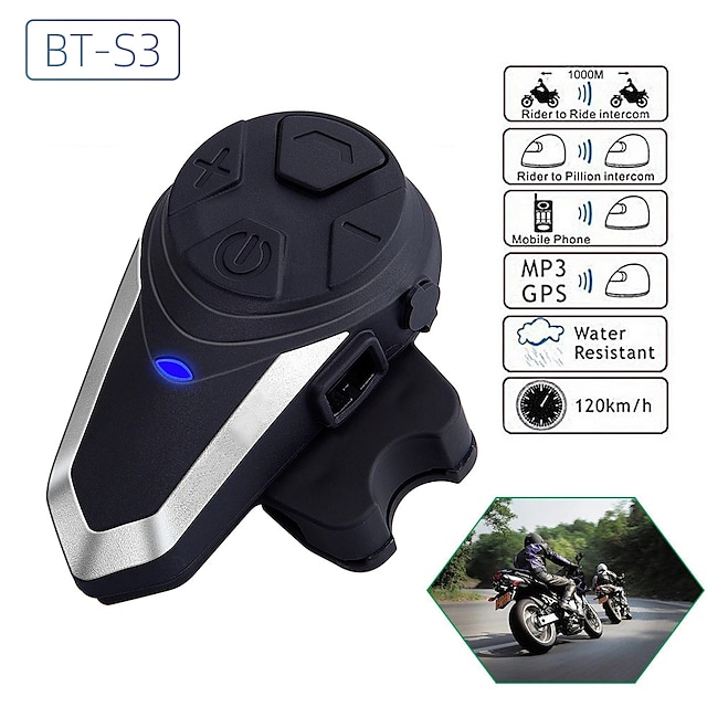  BT-S3 Bluetooth-hodesett Hjelm Headset Øre hengende stil blåtann Radio Multi-person-intercom Stereo FM-radio Motorsykkel