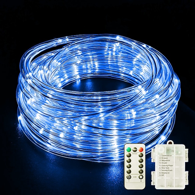  luci della corda del led luci della stringa del led esterno impermeabile ip65 lucine natalizie 30m-300leds 22m-200leds 12m-100leds 7m-50leds 8 modalità dimmerabile a batteria/timer con telecomando per la festa