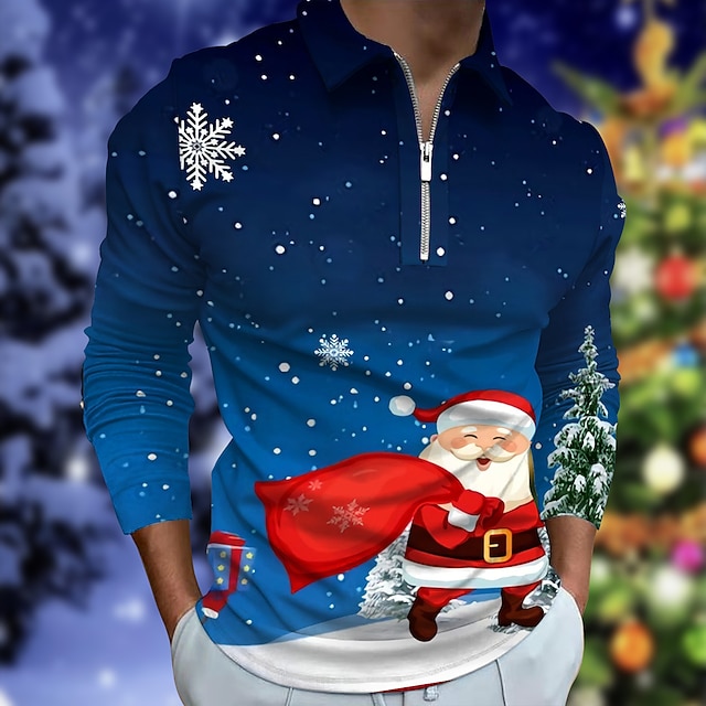  jul herre julescene 3d glidelås polo krage golf julenisse krage rød gate lange armer glidelås klær klær mote uformelt pustende komfortabel