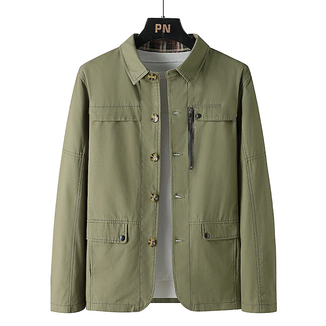 Men's Chore Jacket Daily Wear Vacation Durable Zipper Pocket Fall Winter Solid / Plain Color Comfort Leisure Lapel Regular Black Green khaki Jacket 9