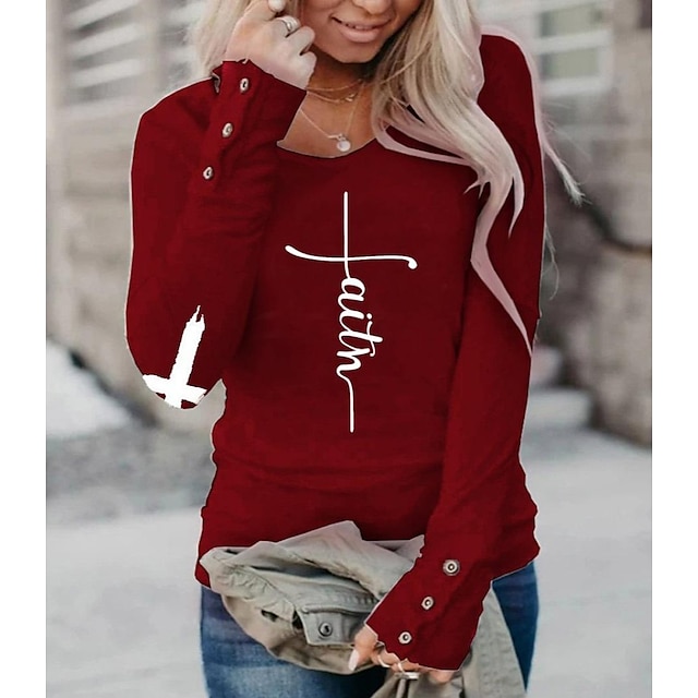 Women's T shirt Tee Burgundy Tee faith Button Casual Long Sleeve Round ...