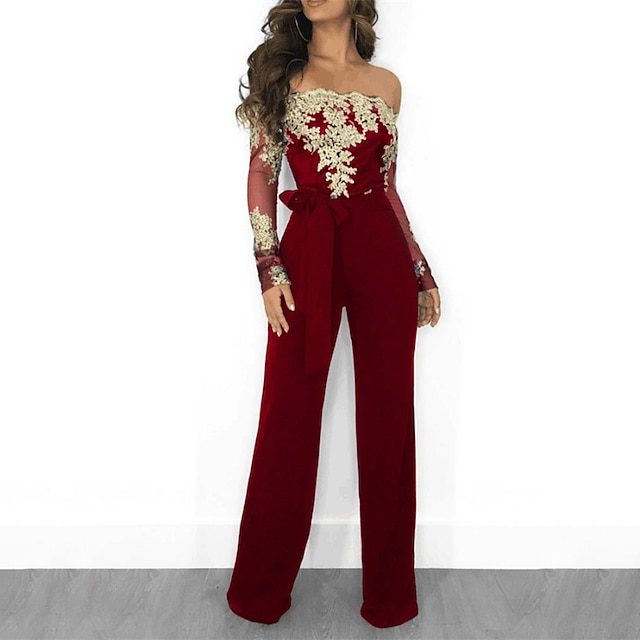  Damen Jumpsuit mit Spitze, bestickt, Blumenmuster, schulterfrei, elegant, Weihnachten, Hochzeit, Party, normale Passform, langärmlig, schwarz, weinrot, blau, S, M, L, Herbst