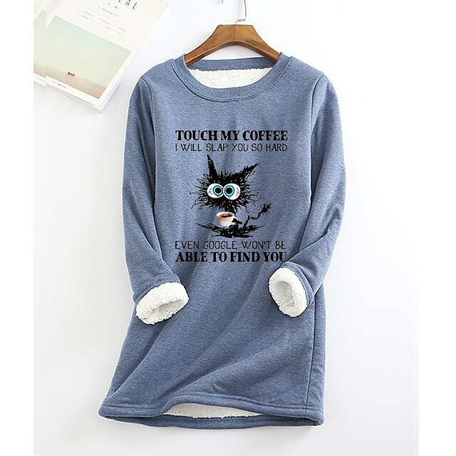  Women's Plus Size Pullover Sweatshirt Graphic Warm Fuzzy Sherpa Fleece Long Sleeve Round Neck Crewneck Regular Tops Street Casual Yellow Pink Blue Gray Fall & Winter