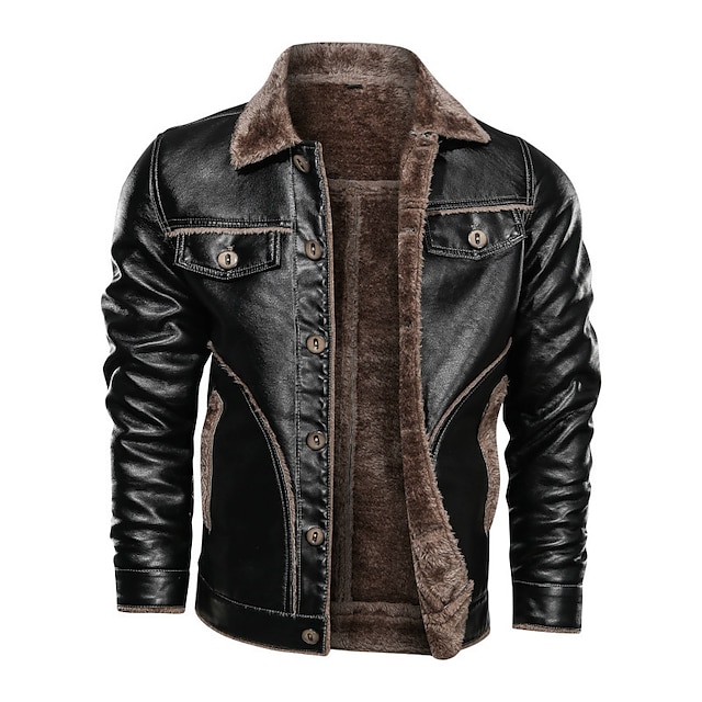  Men's Faux Leather Jacket Durable Casual / Daily Daily Wear Vacation To-Go Single Breasted Turndown Comfort Leisure Jacket Outerwear Solid / Plain Color Pocket Coffee Black / Winter / Fall / Winter