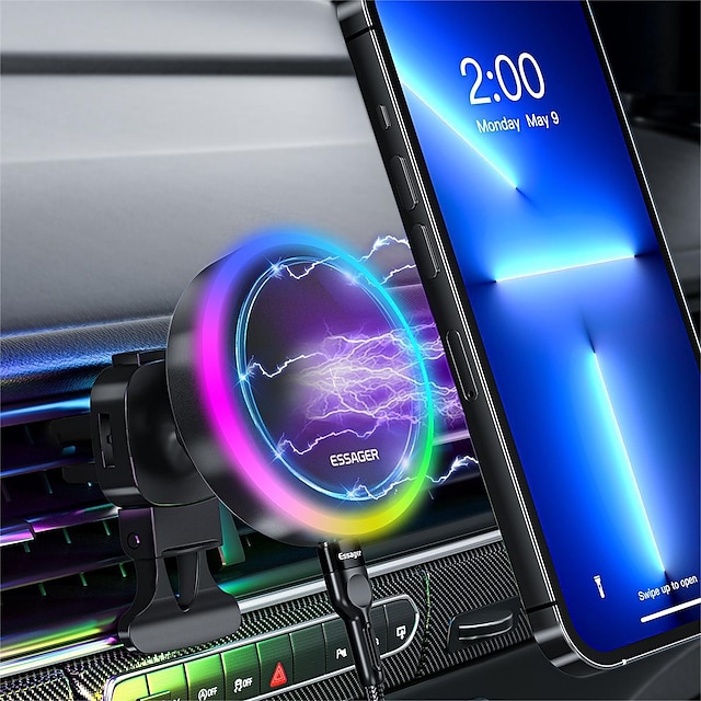  Παρμπρίζ ταμπλό essager με μαγνητικό ασύρματο φορτιστή αυτοκινήτου rgb & αεραγωγός γενική βάση τηλεφώνου για γρήγορη φόρτιση magsafe iphone 12/13 15w