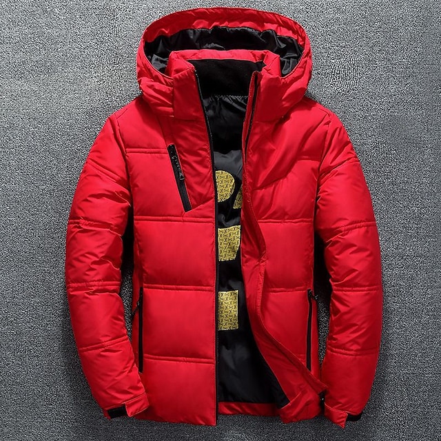  Men's Winter Coat Down Jacket Zipper Hooded Office & Career Date Casual Daily Winter Outdoor Casual Sports Solid / Plain Color Dark Grey Black Red Gray Puffer Jacket