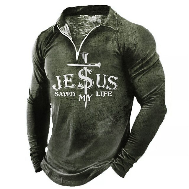  Men's Jesus Christian Zip Polo Shirts Golf Shirt Long Sleeve Polo Shirts Collared Shirts Vintage Casual Vacation Wear Festival Wear Party Outfits 3D Print Quarter Zip Polo Black Blue Green