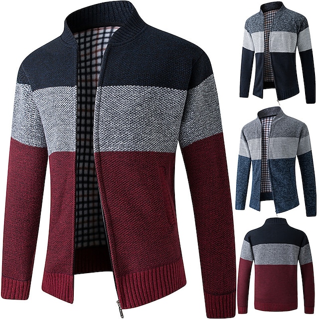 Men's Cardigan Sweater Fleece Sweater Ribbed Knit Knitted Color Block ...