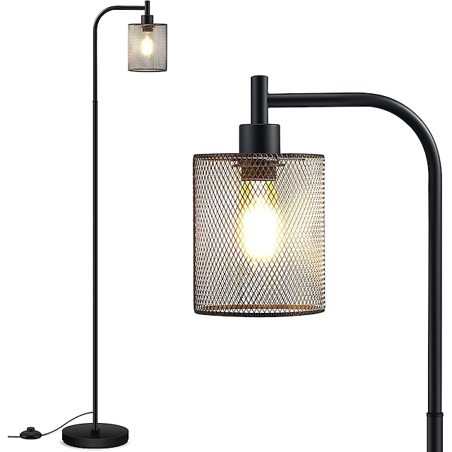  Industrial Floor Lamp for Living Room, Standing Lamp with Hanging Iron Mesh Shade, 8W LED Bulb, Tall Standing Lamp with Foot Switch for Bedroom, Black