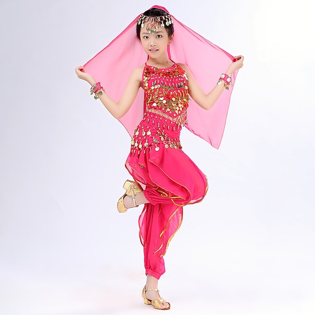  Belly Dance Kids' Dancewear Top Side Draping Ruching Splicing Girls' Performance Training Short Sleeve Natural Polyester Sequined