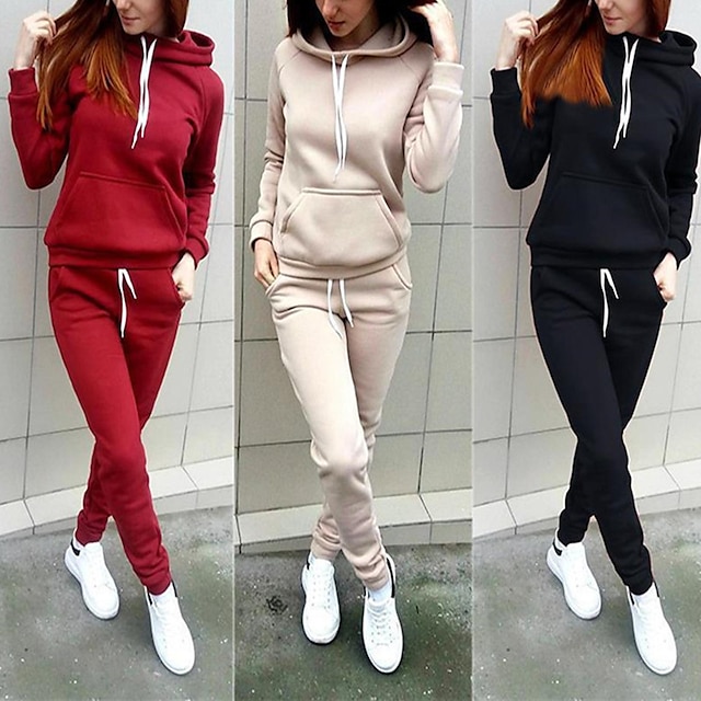  Women's Tracksuit Sweatsuit Winter Lace up Drawstring Solid Color Hoodie claret Pink Fleece Yoga Running Sport Activewear / Athletic / Athleisure