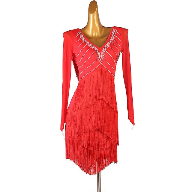  Abito da ballo latino con frange e nappe divise con cristalli/strass, allenamento prestazionale da donna, manica lunga, rete in chinlon