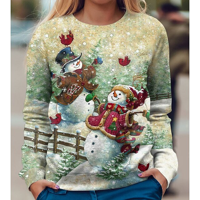  Women's Sweatshirt Pullover Streetwear Christmas Denim Blue Grass Green Green Graphic Snowman Snowflake Christmas Round Neck Long Sleeve S M L XL 2XL 3XL