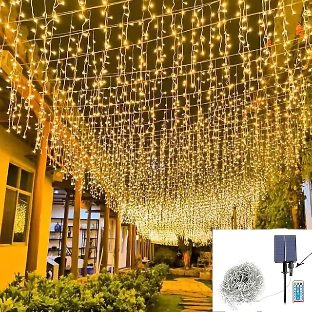  Icicle String Lights Christmas Lights Outdoor Decorations 3x0.8m Solar LED Garland Curtain Light Outdoor Indoor 8 Modes With Remote For Party Wedding