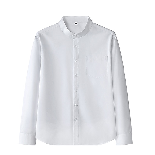  Men's Dress Shirt Collarless Shirt Black White Gray Long Sleeve Plain Standing Collar Spring &  Fall Wedding Work Clothing Apparel