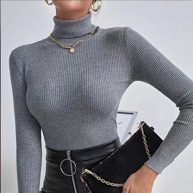 Women's Pullover Sweater Jumper Turtleneck Ribbed Knit Spandex Knitted ...