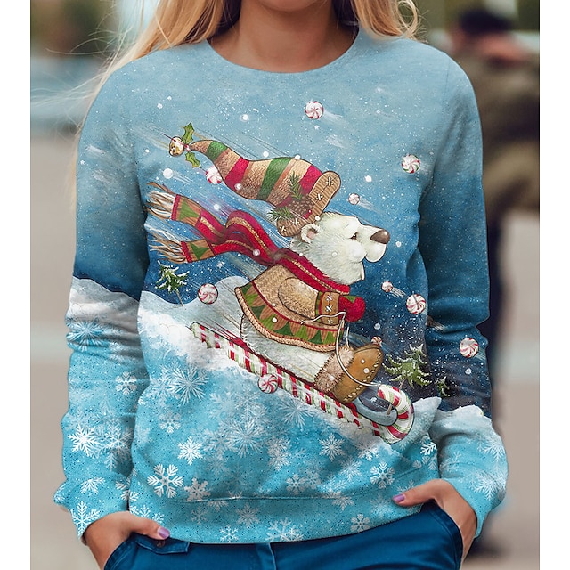  Women's Sweatshirt Pullover Streetwear Blue Graphic Christmas Round Neck Long Sleeve S M L XL 2XL 3XL