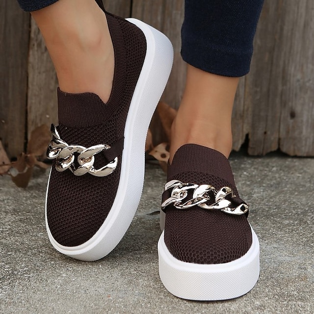  Women's Sneakers Comfort Shoes Plus Size Daily Platform Round Toe Casual Minimalism Knit Loafer Solid Colored Red Coffee
