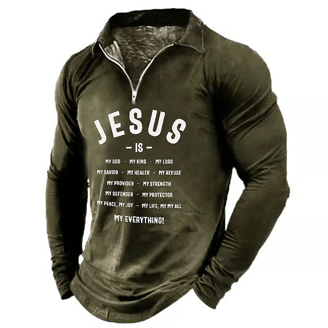  Herr Jesus Christian Pikétröjor med dragkedja Golftröja Långärmad Polotröjor Skjortor med krage Vintage Ledigt Semesterkläder Festivalkläder Festkläder 3D-utskrift Quarter Zip Polo Vin Blå Mörkgrön