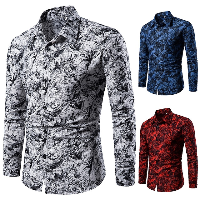 Men's Shirt Floral Oil Painting Button Down Collar White Red Blue ...