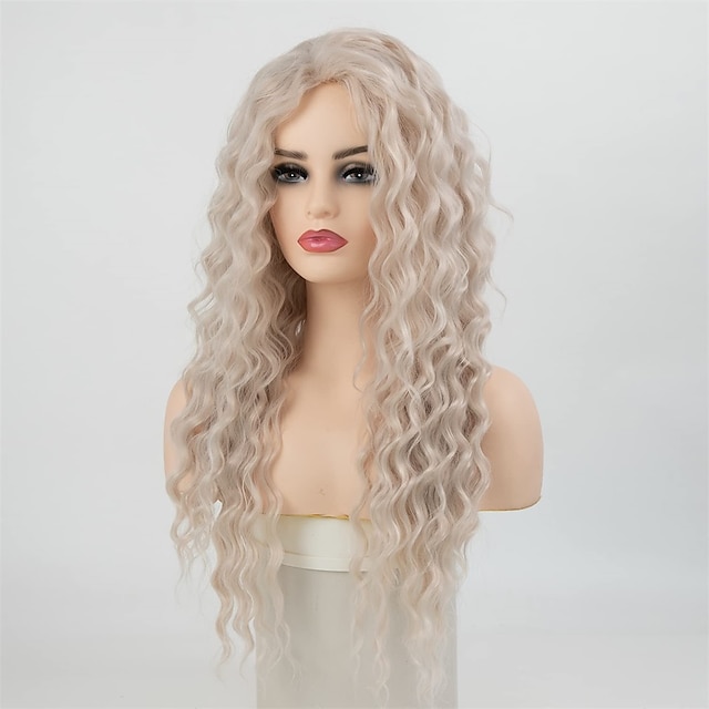 Long Curly Synthetic Wigs for Women White Pink Loose Wave Hair ...