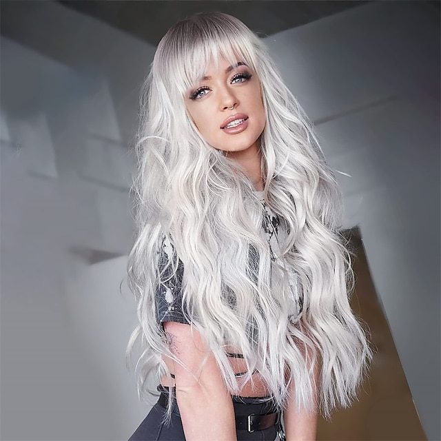  Ombre White Wig Long Wavy Wigs with Bangs for Women Wig Long Platinum Blonde Wig Natural Looking Synthetic Heat Resistant Hair Wigs for Daily Party Wig 26 Inches Christmas Party Wigs