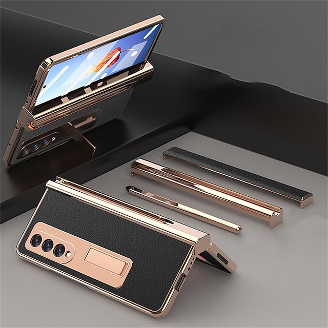  Phone Case For Samsung Galaxy Z Fold 5 Z Fold 4 Z Fold 3 Z Fold 2 Bumper Frame Four Corners Drop Resistance Kickstand Solid Colored PC PU Leather