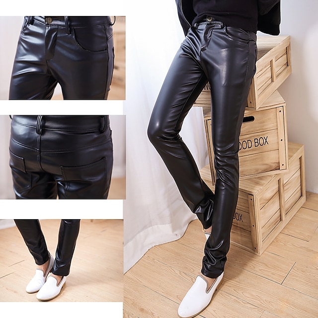 Men's Trousers Faux Leather Pants Casual Pants Pocket Solid Color Full ...