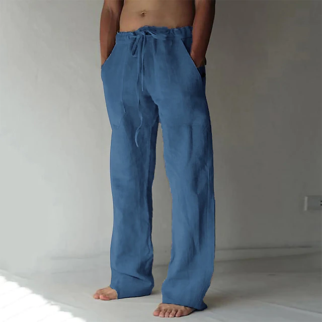 Men's Linen Pants Trousers Summer Pants Baggy Beach Pants Drawstring ...