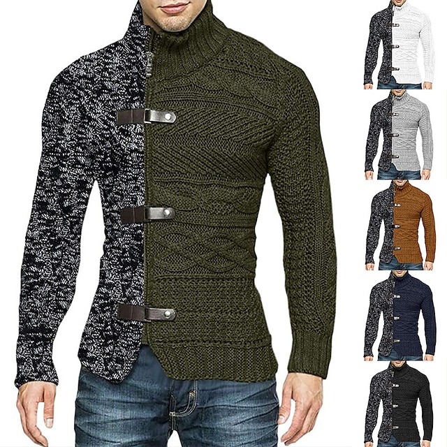  Men's Cardigan Sweater Ribbed Knit Cropped Knitted Standing Collar Warm Ups Modern Contemporary Daily Wear Going out Clothing Apparel Spring &  Fall Black White M L XL