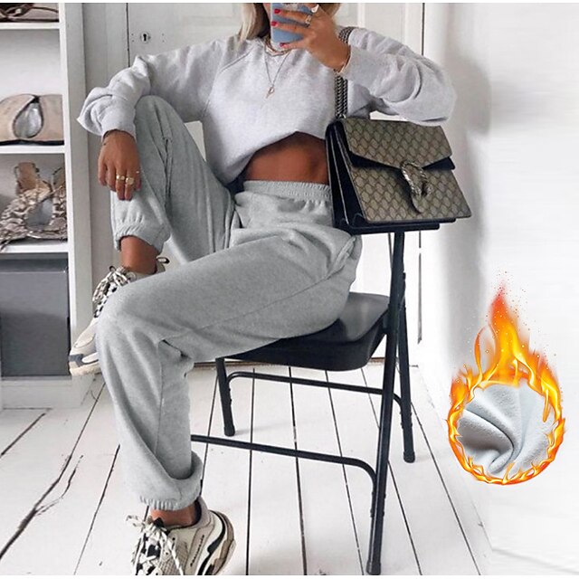  Women's Sweatpants Joggers Fleece lined Army Green Gray White Casual / Sporty Plus velvet Mid Waist Side Pockets Casual Weekend Ankle-Length Micro-elastic Plain Comfort S M L XL XXL