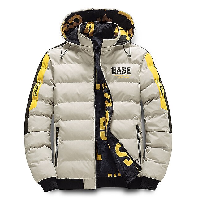 Men's Puffer Jacket Hoodie Coat Padded Zipper Pocket Print Sports Outdoor Regular Outdoor Casual / Daily Winter Letter Black Yellow Red Khaki Puffer Jacket 21