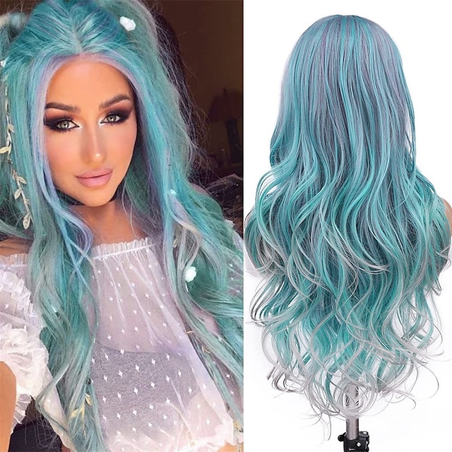 Hair Long Blue Wavy Wigs for Women Corlorful Wig Mixed Blue Green Gray Purple Color Hair Middle Part Synthetic Heat Resistant Fiber Wigs Hair for Daily Party Use Christmas Party Wigs