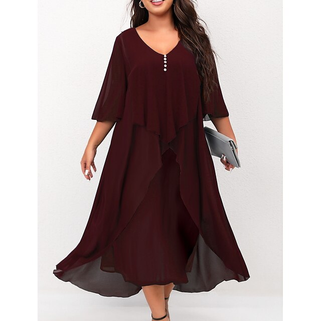  Women‘s Plus Size Curve Work Dress Holiday Dress Swing Dress Classic Holiday Date Vacation Midi Dress Ruched Mesh V Neck Half Sleeve Solid Color Plain Regular Fit Wine Dark Blue Fall Winter