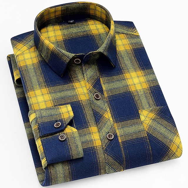  Homens Saia camisa de botão Camisa da verificação camisa de colarinho Verde Azulado Amarelo Azul Marinha Manga Longa Tartã Aberto para a Lateral Outono Inverno Casamento Ao ar livre Roupa