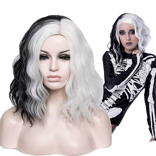 Short Black and White Costume Wig for Women Halloween Spooky Curly Wig