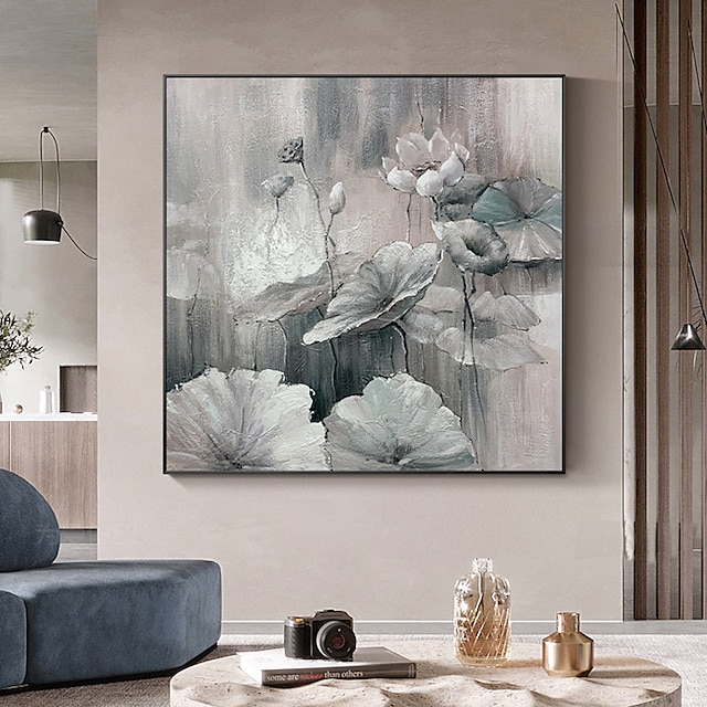  Handmade obraz olejny na płótnie dekoracja ścienna nowoczesny szary abstrakcyjny kwiat lotosu do wystroju domu walcowane bezramowe nierozciągnięte malarstwo;