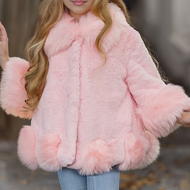  Baby Pige Faux Fur Coat Helfarve Mode udendørs Bomuld Frakke Overtøj 3-7 år Vinter Sort Lyserød Lysegrå
