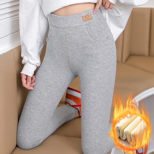  Women's Fleece Pants Tights Pants Trousers Fleece lined Cotton Black Light Grey Dark Grey Casual Lounge High Waist Side Pockets High Cut Office Dailywear Ankle-Length High Elasticity Solid Colored