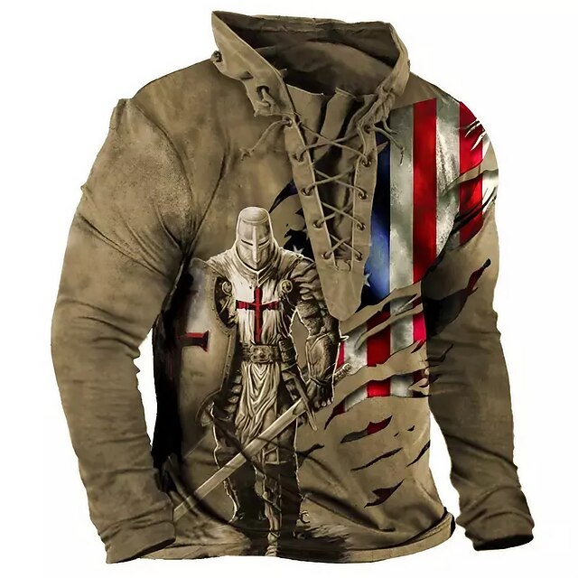 Men's Knights Templar Graphic Prints Sweatshirt Pullover Long Sleeve Sweatshirt Standing Collar Streetwear Designer Basic 3D Print Sports & Outdoor Casual Daily Lace up Pocket Spring &  Fall2