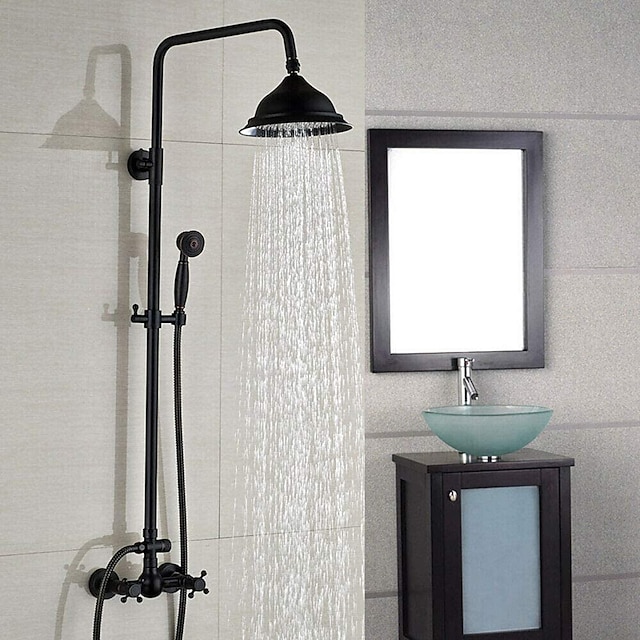  vintage duschsystem blandare komboset keramisk blandarventil, 8-tums regnduschhuvud i mässing med handhållen spray, antikt väggmonterat badkar och duschkit badrumsbadkar