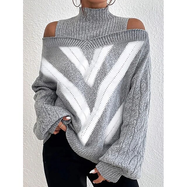  Women's Pullover Sweater Jumper Crochet Knit Cold Shoulder Cropped Turtleneck Argyle Daily Stylish Casual Winter Fall Gray S M L