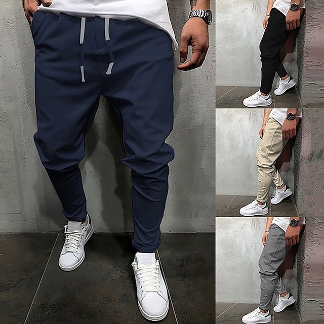  Men's Joggers Trousers Cropped Pants Casual Pants Drawstring Elastic Waist Solid Color Comfort Quick Dry Daily Streetwear Cotton Blend Fashion Casual Loose Fit Navy Black