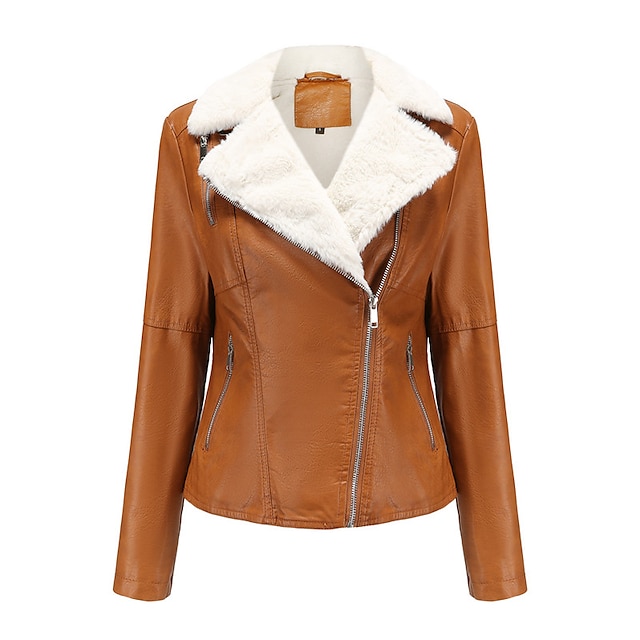  Women's Winter Jacket Faux Leather Jacket Outdoor Daily Wear Vacation Going out Warm Breathable Zipper Pocket Chic & Modern Lady Modern Comfortable Turndown Regular Fit Solid Color Outerwear Winter