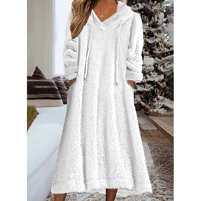  γυναικεία φούτερ φλις φόρεμα χειμερινό φόρεμα λευκό φόρεμα midi φόρεμα λευκό μανίκι 3/4 καθαρό χρώμα τσέπη χειμερινό φθινόπωρο με κουκούλα casual μοντέρνο 2022 s m l xl 2xl 3xl