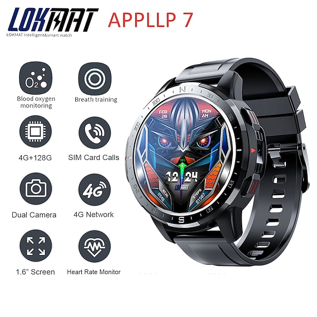  LOKMAT APPLLP 7 Smart Watch 1.6 inch 4G LTE Cellular Smartwatch Phone 3G Bluetooth Pedometer Call Reminder Activity Tracker Compatible with Android iOS Women Men GPS Hands-Free Calls Media Control