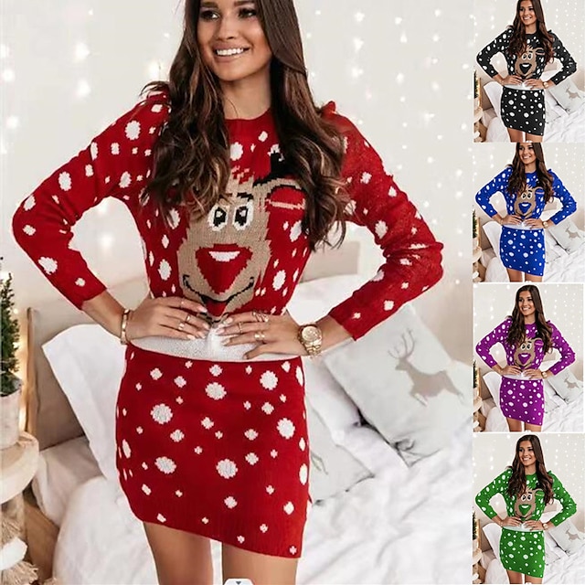  Reindeer Rudolph Dress Ugly Christmas Sweater / Sweatshirt Pullover Women's Cute Sweet Christmas Christmas Eve Party & Evening New Year Eve Polyester Dress