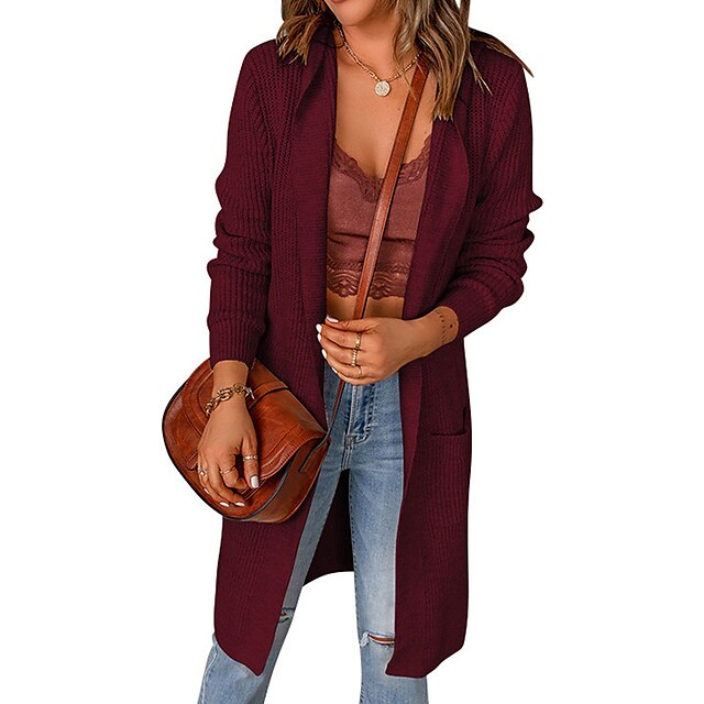  Women's Cardigan Sweater Jumper Crochet Knit Pocket Knitted Tunic Hooded Pure Color Outdoor Daily Stylish Casual Winter Fall Wine Coffee S M L